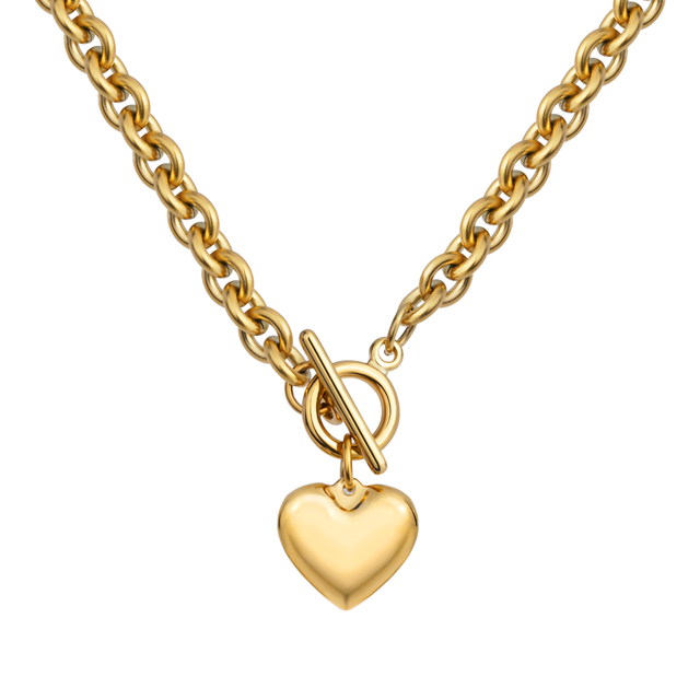 18K Gold Plated Stainless Steel Chunky Love Heart Pendant Necklace 