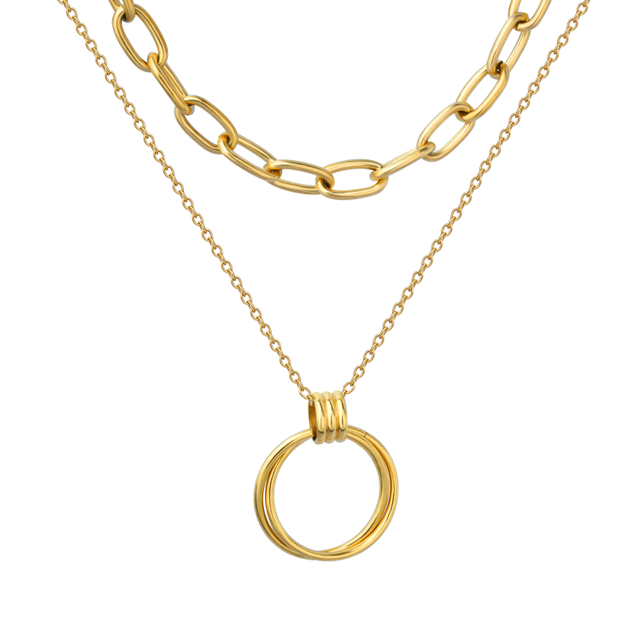 Custom Gold Plated Double Layer Stainless Steel Hollow Round Necklace 