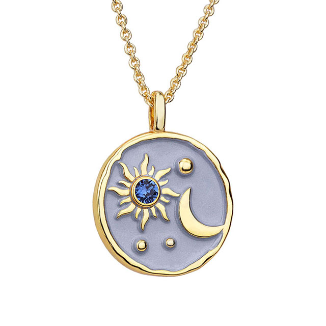 Sun and Moon Necklace with Birthstone for Women Gold Plated Dainty Coin Necklace Textured Sun Crescent Moon Medallion Pendant Coin Necklaces for Women Girls Birthday Jewelry Gift 
