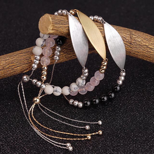 Bar Bracelets Adjustable Bolo Crystal Gemstone Howlite Turquoise Rose Quartz Beaded Bracelets
