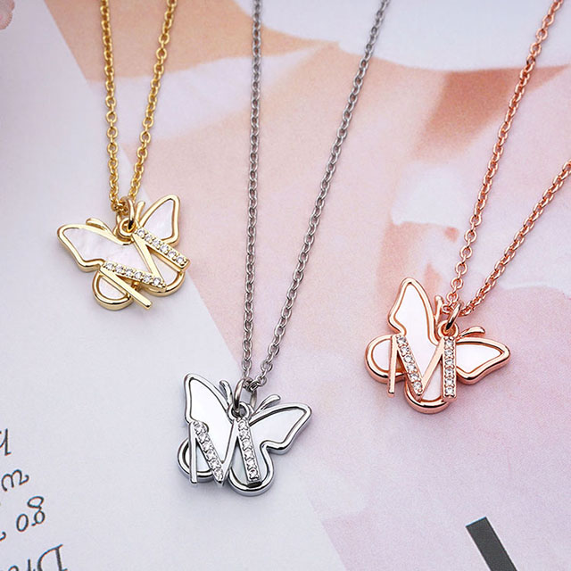 Butterfly Initial Necklace for Women Mother of Pearl Shell Butterfly Pendant Necklace with Cubic Zirconia 26 Letter Alphabet Butterfly Charm Chain