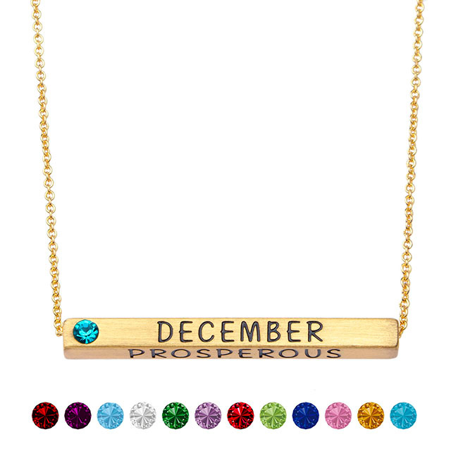 Birth Month Necklace plated real matt gold with Birthstone 4 Sided Horizontal Bar Pendant Charm Chain Necklace 