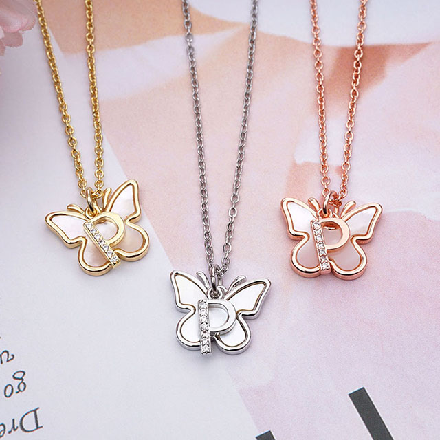 Butterfly Initial Necklace for Women Mother of Pearl Shell Butterfly Pendant Necklace with Cubic Zirconia 26 Letter Alphabet Butterfly Charm 