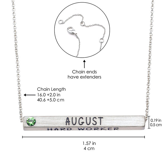 Birth Month Necklace plated real matt silver with Birthstone 4 Sided Horizontal Bar Pendant Charm Chain Necklace