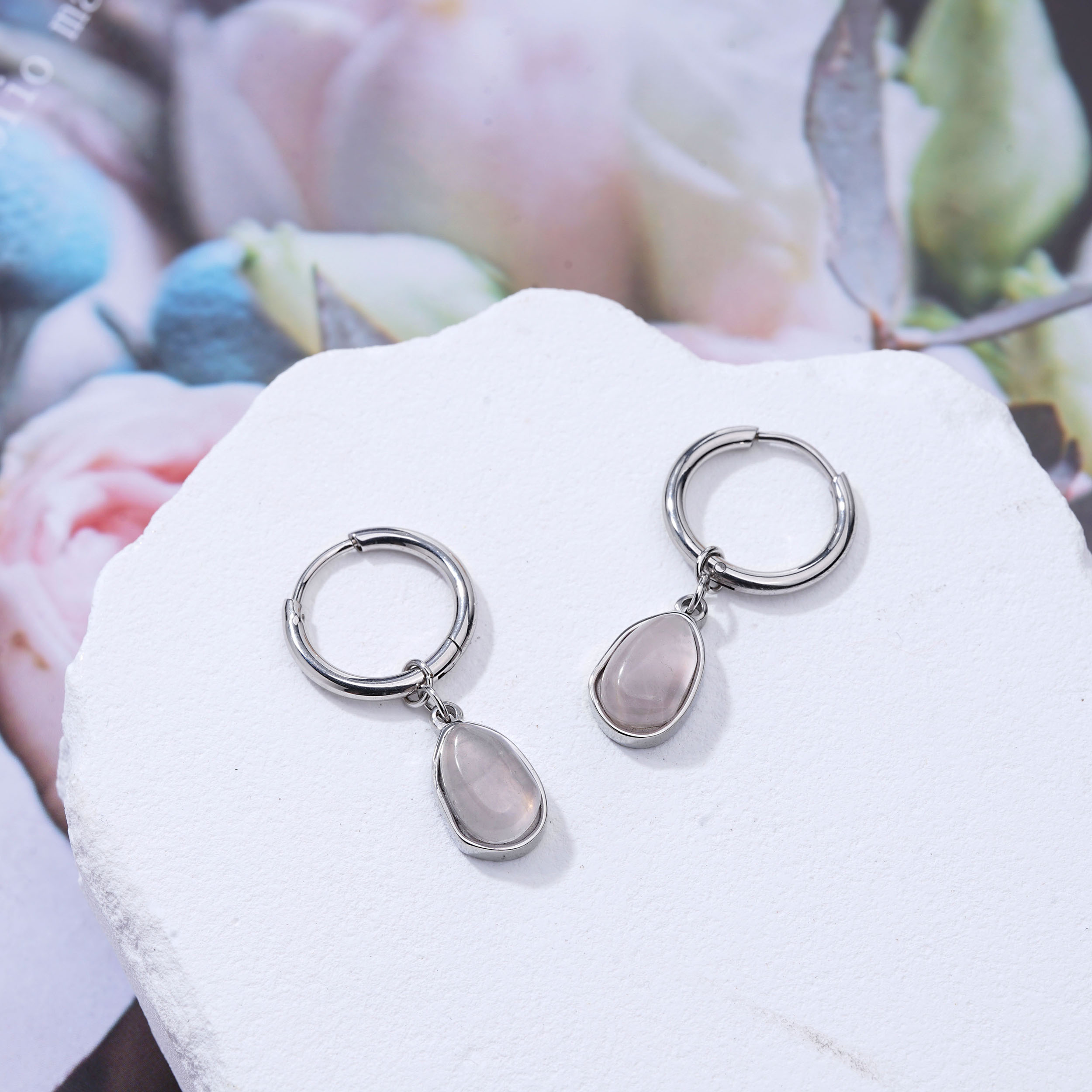 Custom Stainless Steel Natural Stone Oval Pendant Earring