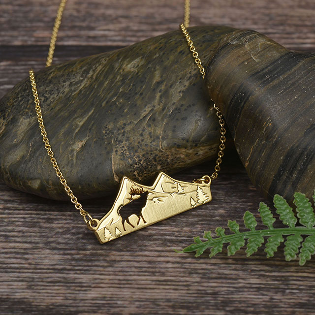 Mountain Necklace for Women Gold Plated Animal Cutout Forest Tree Mountain Range Pendant Necklace Nature Jewelry Gift for Skiers Hikers Nature Lovers