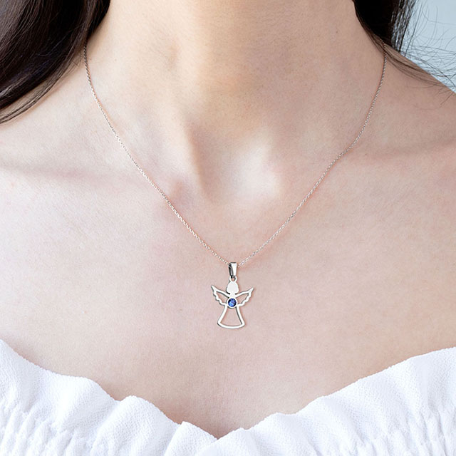 Birthstone Angel Necklace for Women Stainless Steel Angel Wing Necklace Pendant Cute Crystal Guardian Angel Necklaces for Women Girls Birthstone Necklace Jewelry Birthday Gifts 