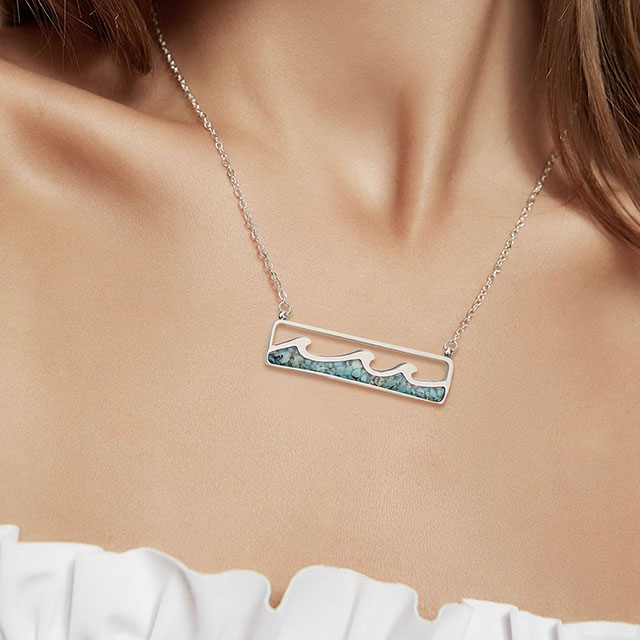 Turquoise Gemstone Necklace Ocean Wave Bar Pendant for Women Girls Surfer Beach Jewelry 
