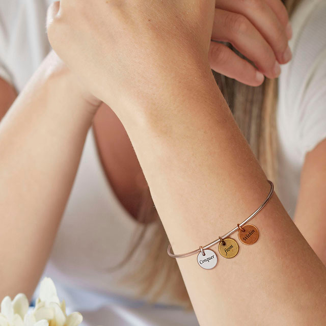 Inspirational Custom Charm Bracelet for Women, Engraved Expandable Real Antique Silver Bangle Disc Charm Bracelets Motivational Personalized Gifts for Her 