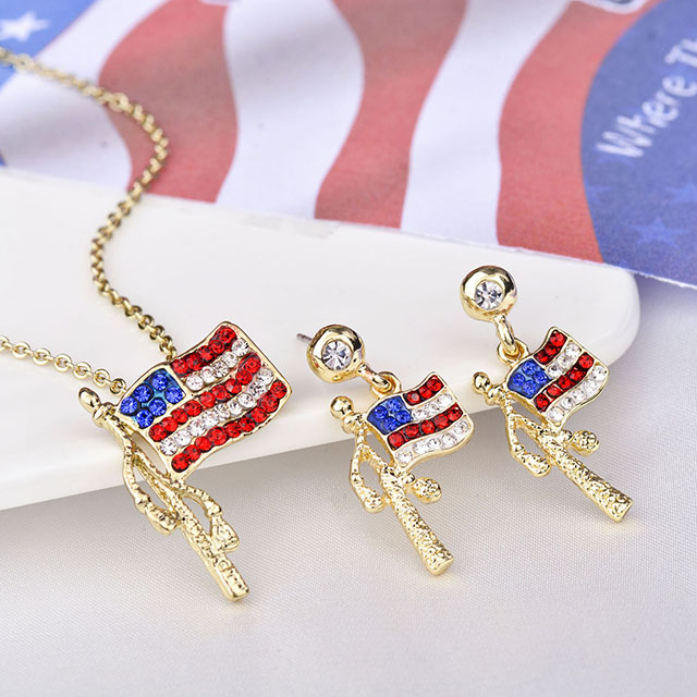 American Flag Stars Stripes Pendant Chain Necklace USA Flag Earrings Set 