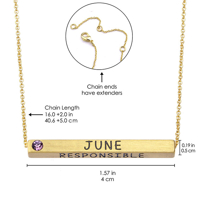 Birth Month Necklace plated real matt gold with Birthstone 4 Sided Horizontal Bar Pendant Charm Chain Necklace 