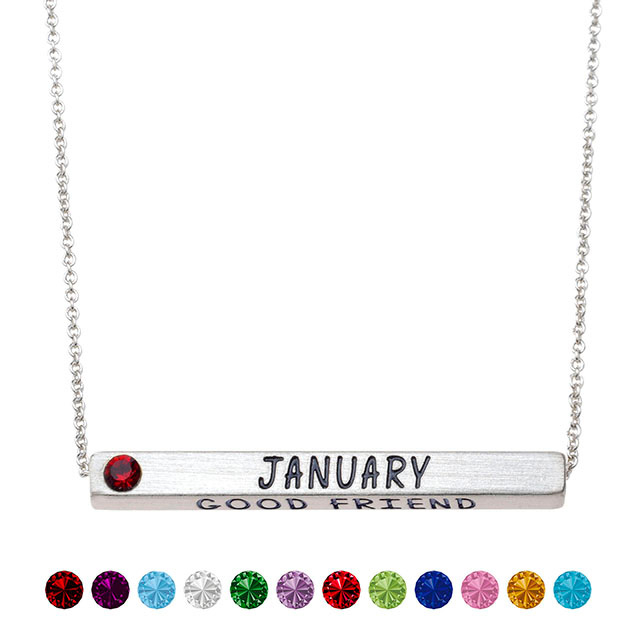 Birth Month Necklace plated real matt silver with Birthstone 4 Sided Horizontal Bar Pendant Charm Chain Necklace