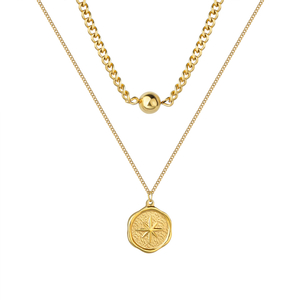 Double Layer Stainless Steel Star Celestial Coin Pendant Necklace