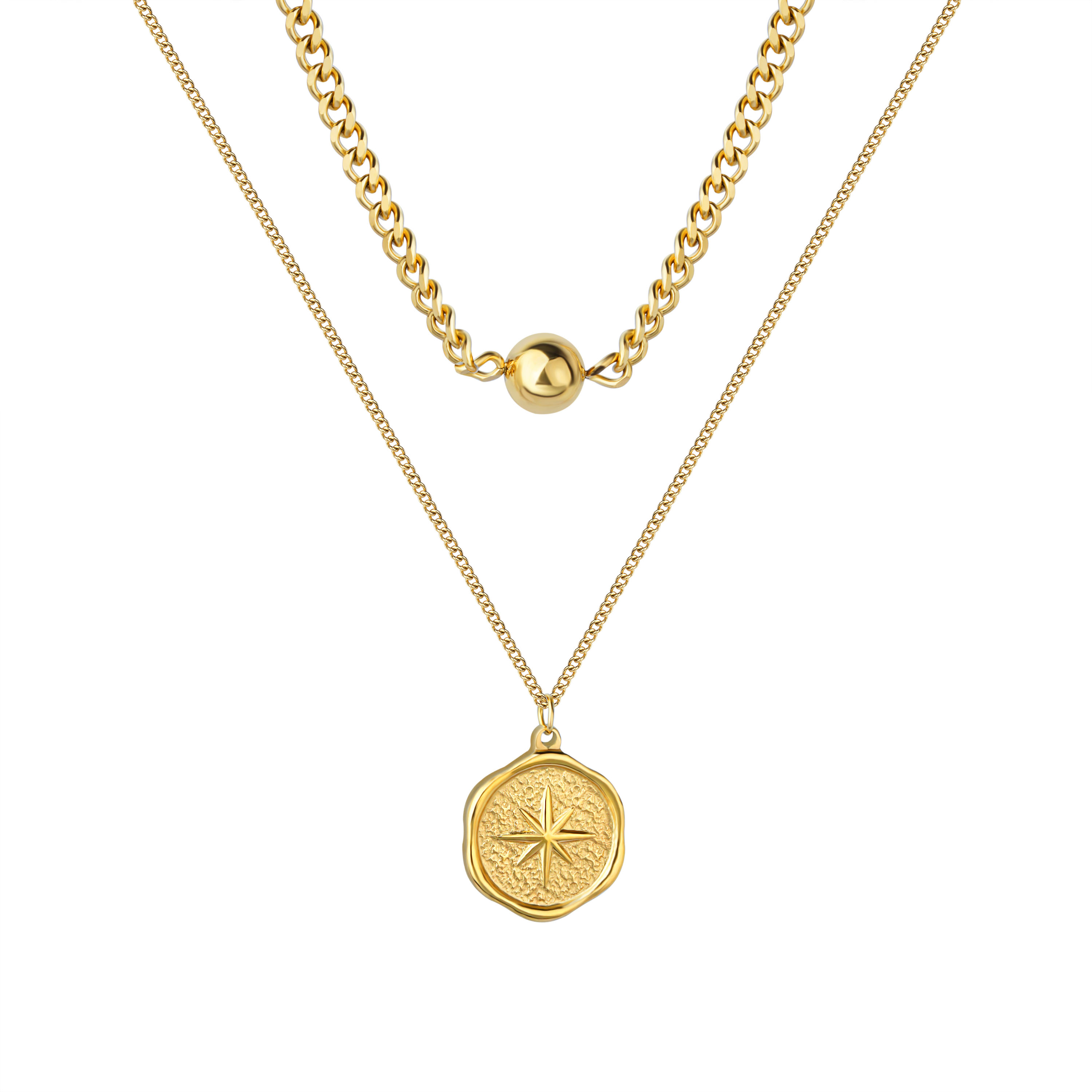 Double Layer Stainless Steel Star Celestial Coin Pendant Necklace