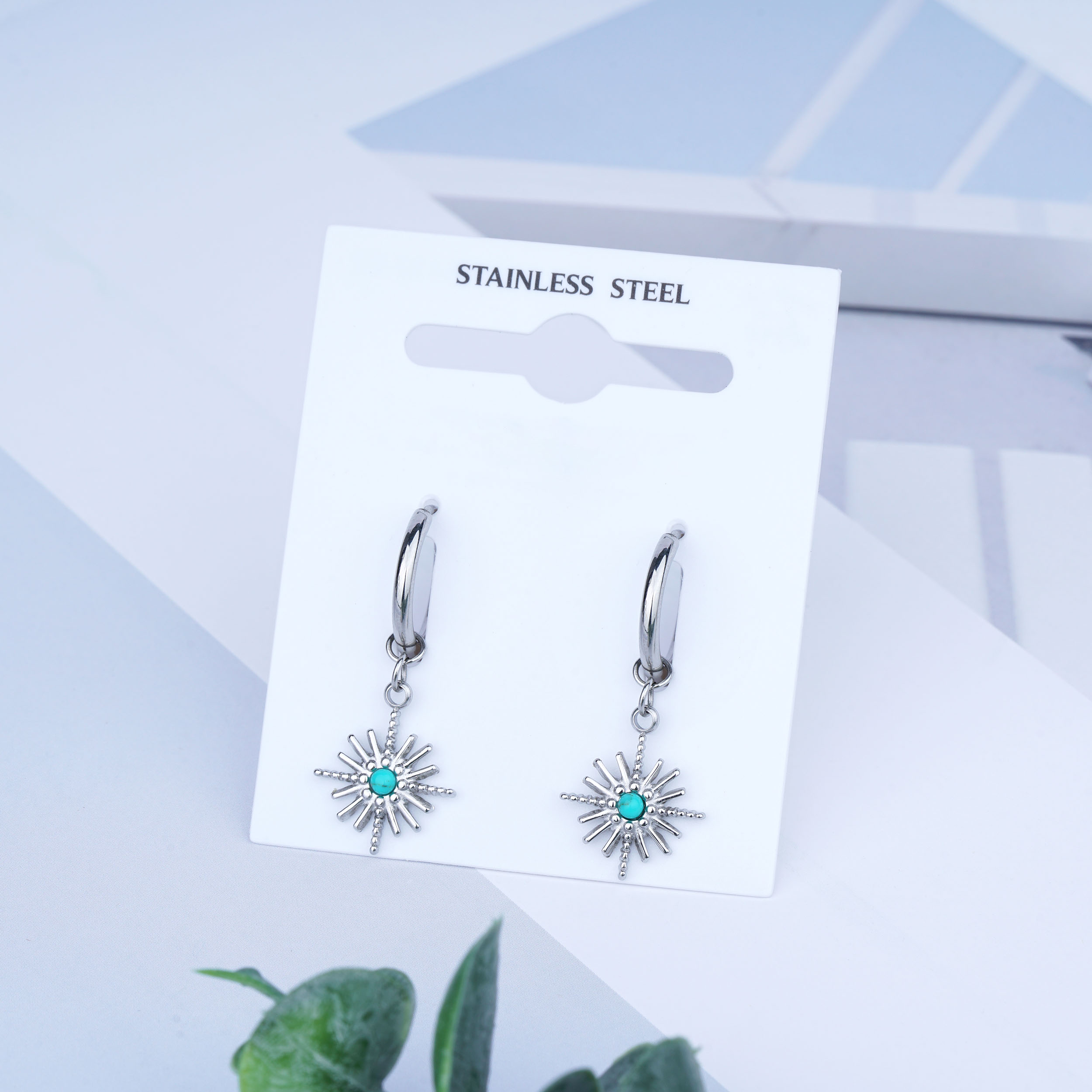 Turquoise Hoop 18k Gold Plated Stainless Steel Star Earrings 