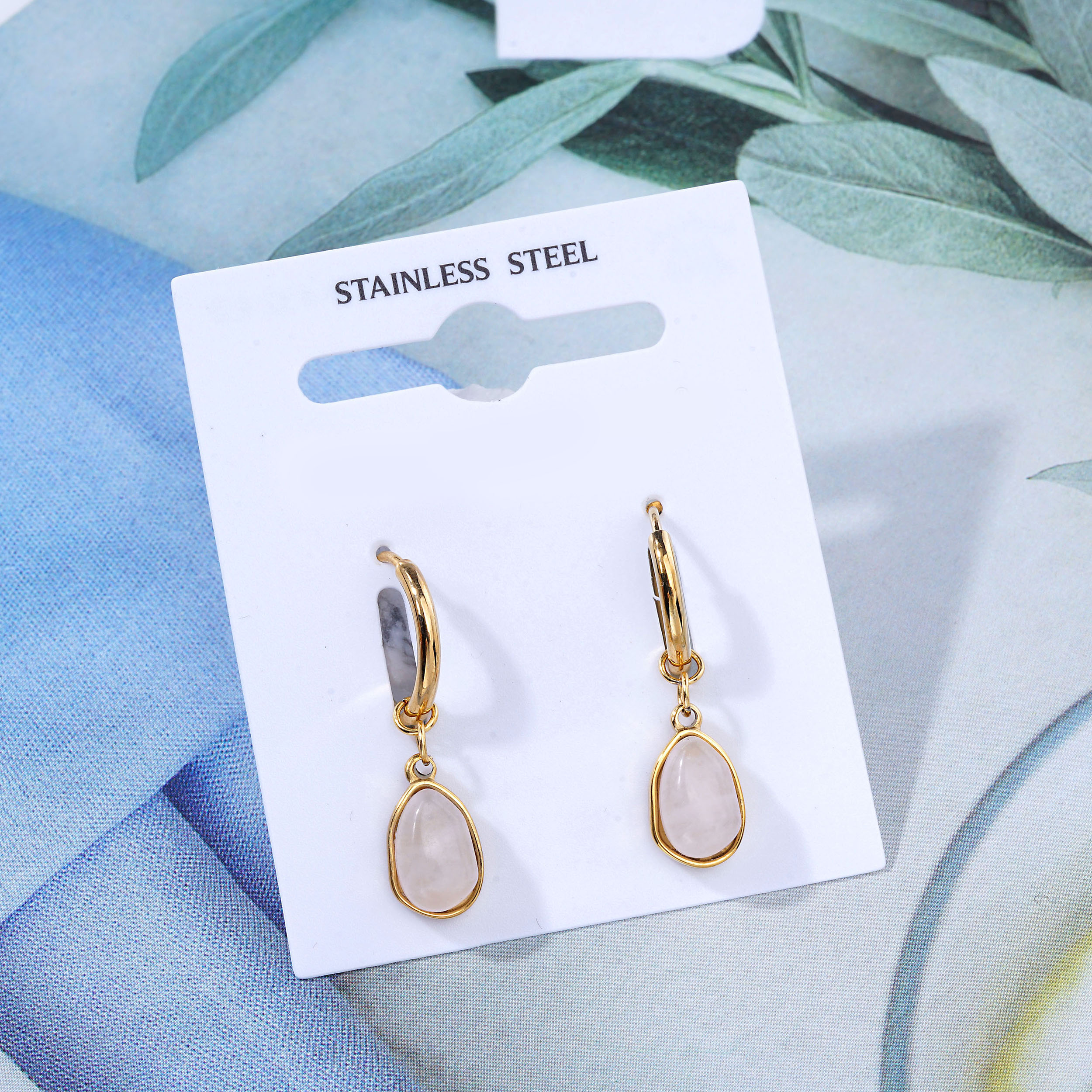Custom Stainless Steel Natural Stone Oval Pendant Earring