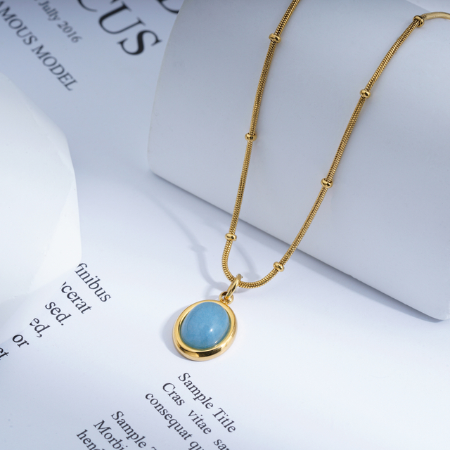 Stainless Steel 18K Gold Texture Light Luxury Star Sea Oval Sapphire Pendant Choker 