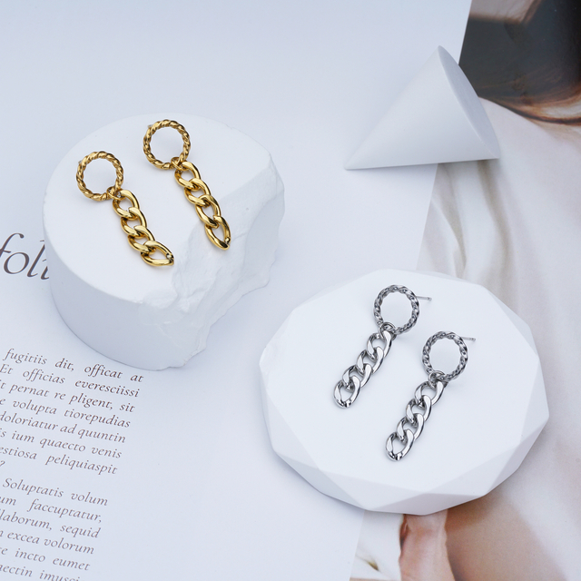 Stainless Steel Punk Cuban Link Chain Drop Earrings Long Tassel Earrings 