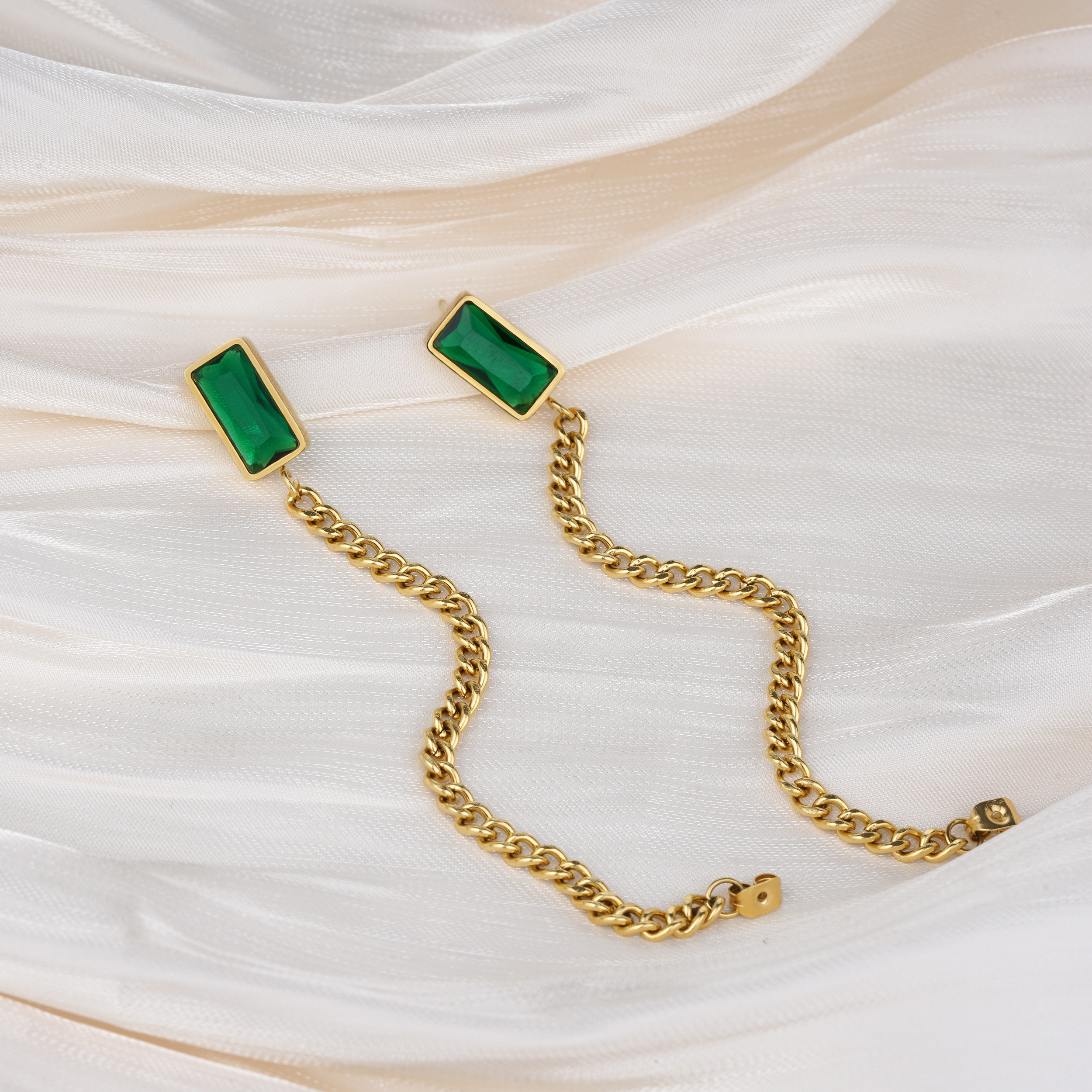 Retro Stainless Steel Jewelry 18k Gold Plated Link Chain Jade Earring Factory Supplier 