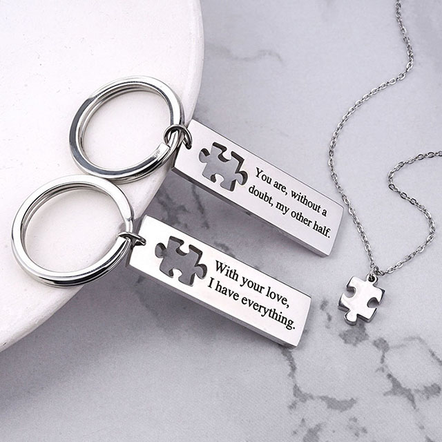 Custom Engraved Stainless Steel Jewelry Matching Puzzle Map Keychain Necklace