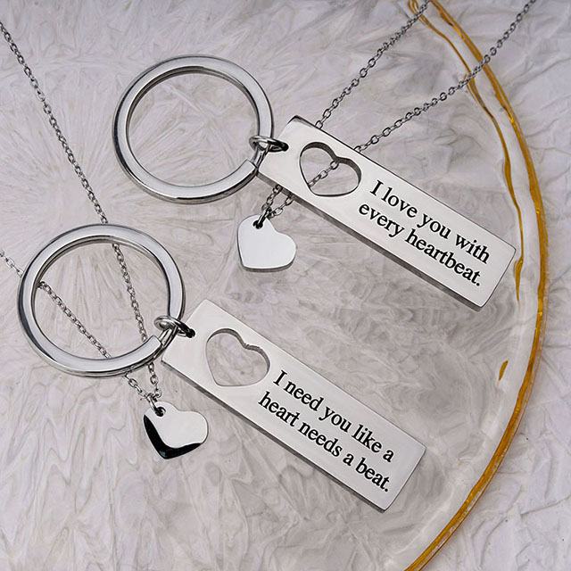Customize Stainless Steel Engraved Jewelry Matching Heart Keychain Love Friendship Necklace