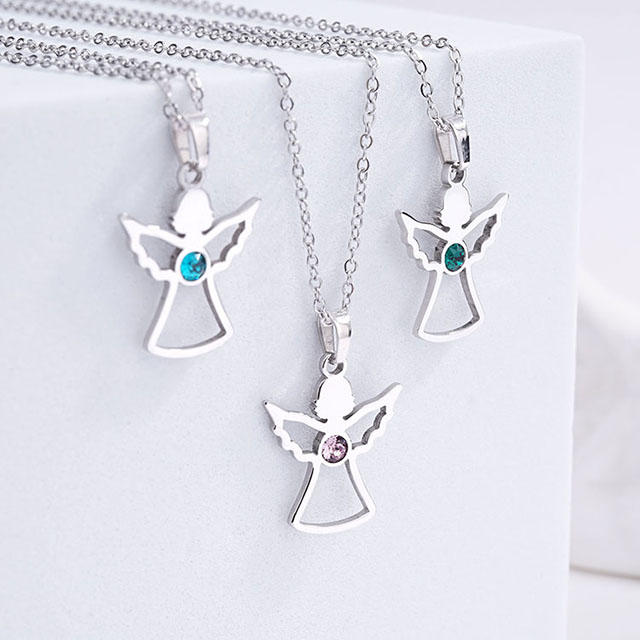Birthstone Angel Necklace for Women Stainless Steel Angel Wing Necklace Pendant Cute Crystal Guardian Angel Necklaces for Women Girls Birthstone Necklace Jewelry Birthday Gifts 