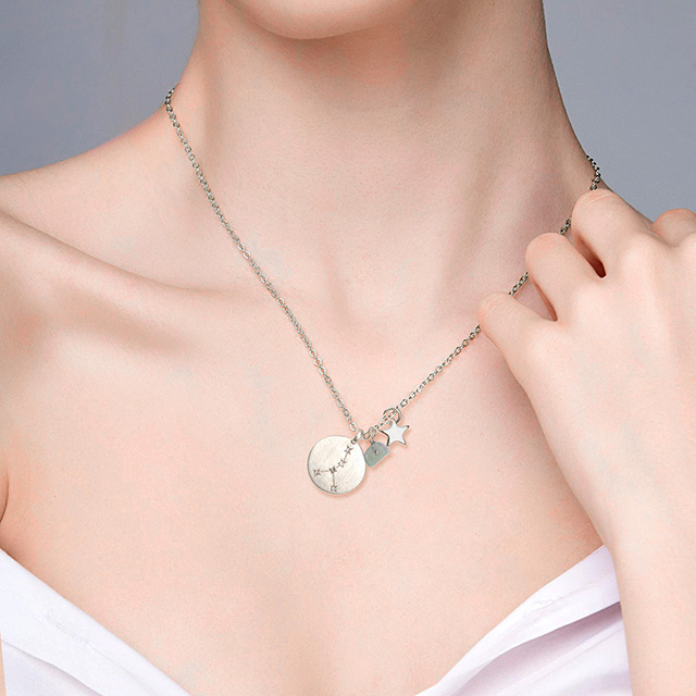 Zodiac Necklace for Women Silver Plated Dainty Constellation Star Necklace Pendant Charms Silver Round Disc Zodiac Sign Necklaces for Women Girls Astrology Necklace Jewelry Gift 