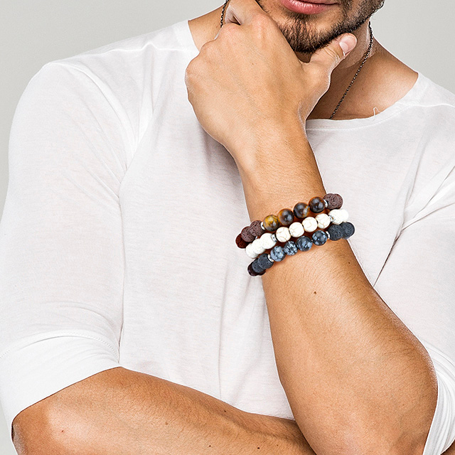 Aromatherapy Essential Oil Stretch Tiger Eye Turquoise Lava Stone Beaded Bracelet for Men Women 