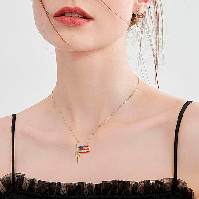 American Flag Stars Stripes Pendant Chain Necklace USA Flag Earrings Set 