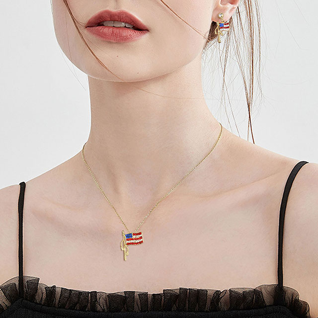American Flag Stars Stripes Pendant Chain Necklace USA Flag Earrings Set 