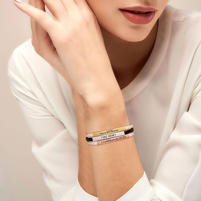 Personalized Leather Bracelets for Women Custom Name Engraved Bar Bracelets