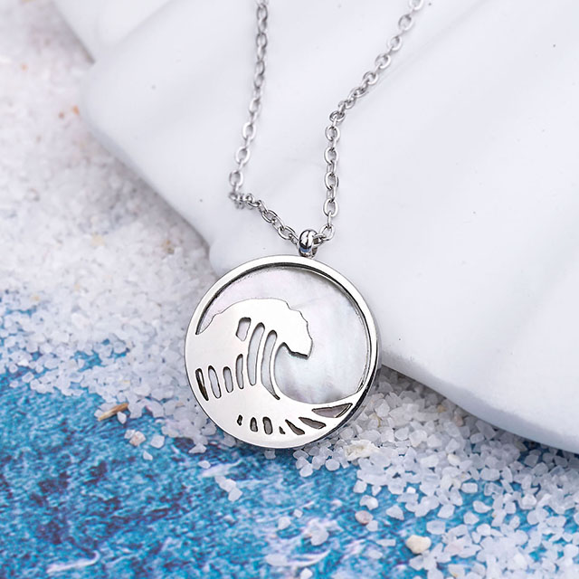 Gemstone Wave Necklace for Women Mother of Pearl Turquoise Pendant Necklace Dainty Circle Ocean Wave Necklaces for Women Girls Surfer Beach Jewelry Gifts