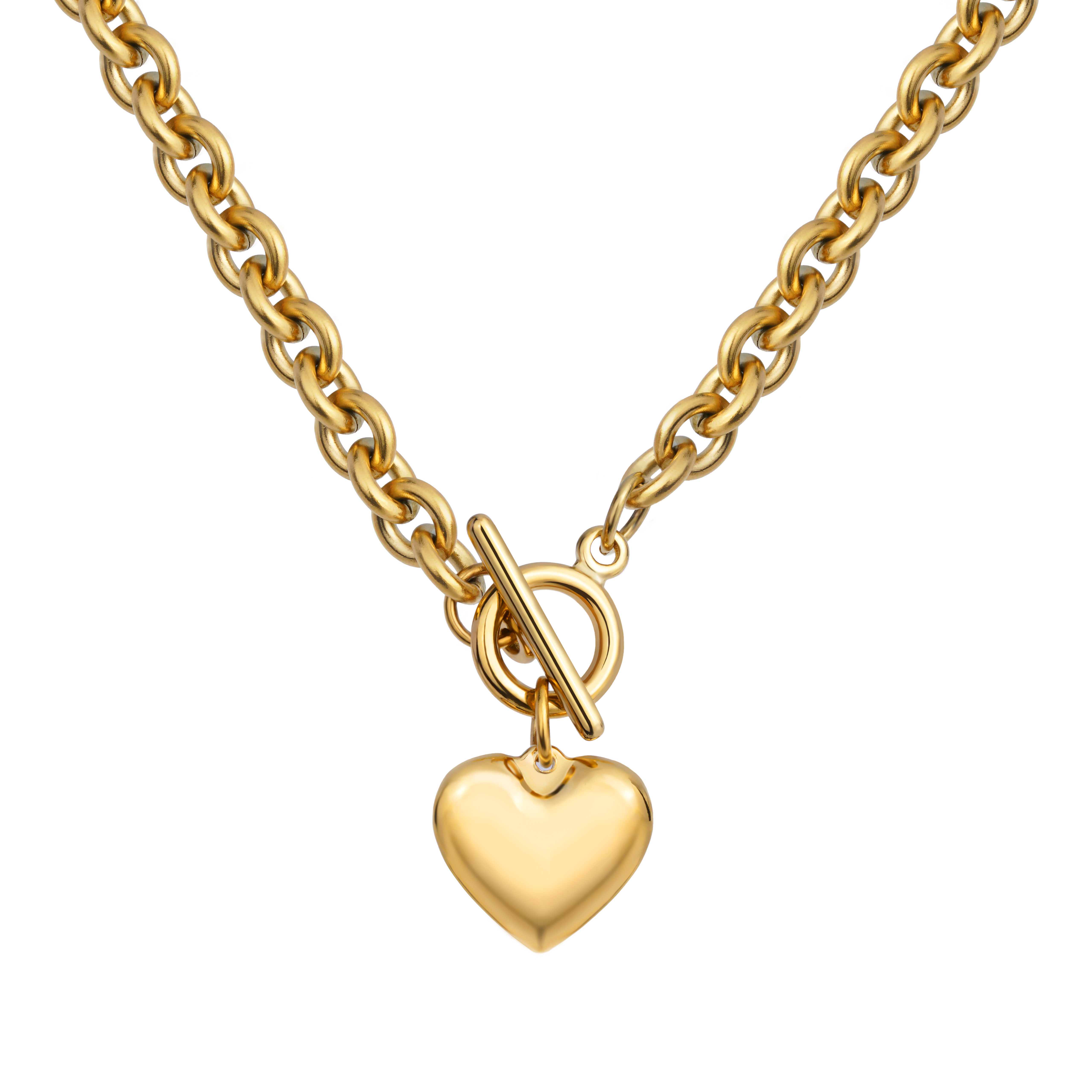 18K Gold Plated Stainless Steel Chunky Love Heart Pendant Necklace 