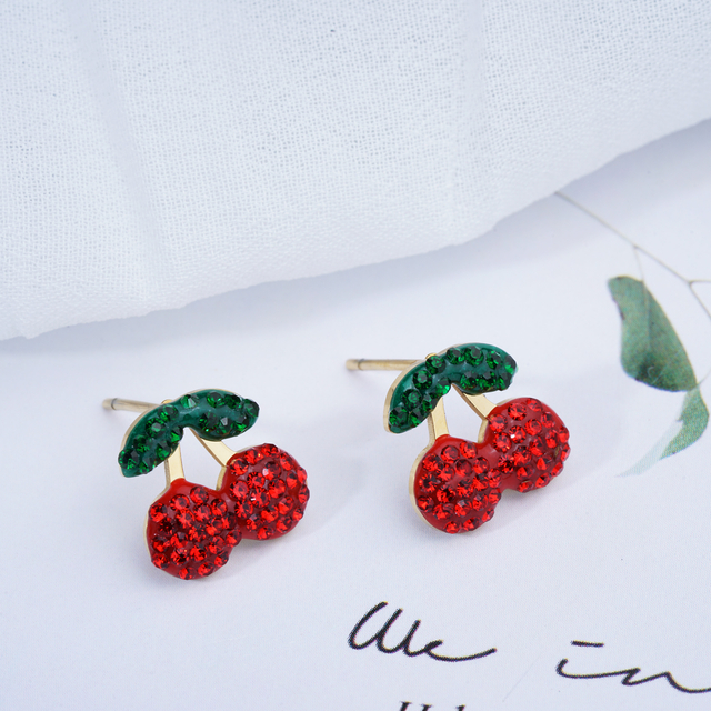 Crystal Red Cherry Necklace Cute Summer Sweet Fruit Earrings Studs