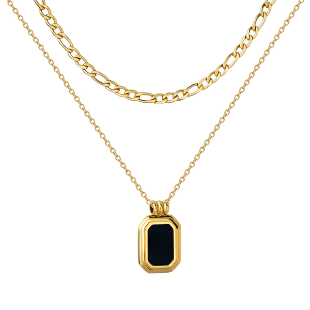 Stainless Steel 2 Layered Figaro Chain With Square Black Enamel Pendant Necklace 