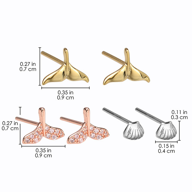 3 Pairs Beach Stud Earrings for Women 925 Sterling Silver Post Earrings