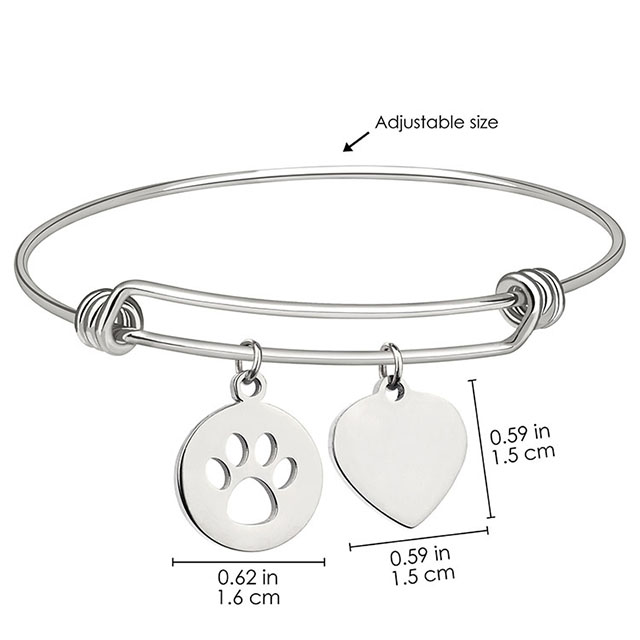 High Quality Stainless Steel Pet Cat Paw Expandable Bangle with Heart Charms 