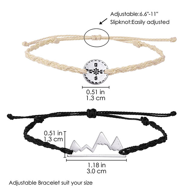 Mountain Bracelet Compass Snowy Mountain Range Adjustable String Bracelets 