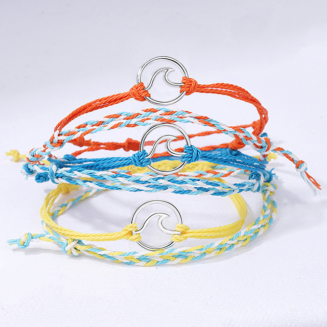Custom Adjustable Couple Friendship Wave Charm Woven Fabric Bracelet