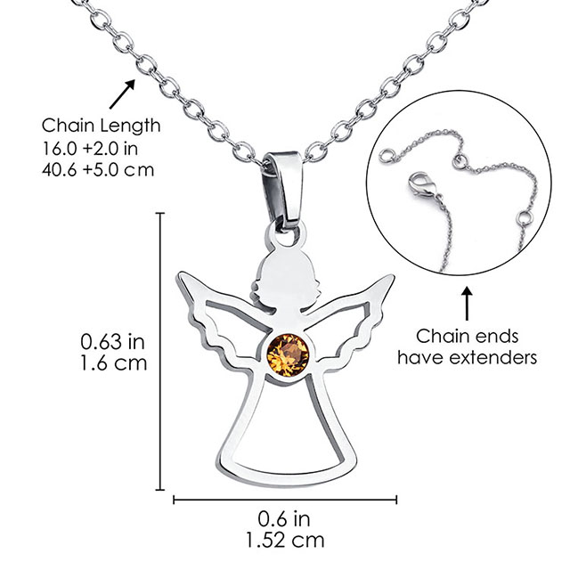 Birthstone Angel Necklace for Women Stainless Steel Angel Wing Necklace Pendant Cute Crystal Guardian Angel Necklaces for Women Girls Birthstone Necklace Jewelry Birthday Gifts 