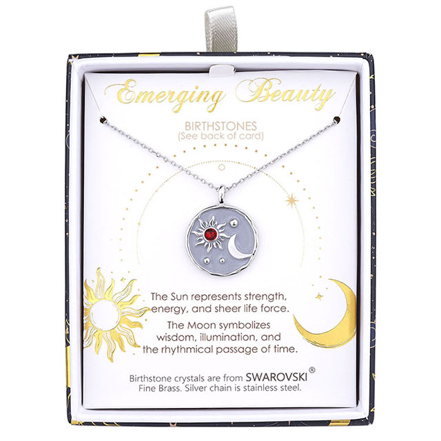 Sun and Moon Necklace with Birthstone for Women Silver Plated Dainty Coin Necklace Textured Sun Crescent Moon Medallion Pendant Coin Necklaces for Women Girls Birthday Jewelry Gift
