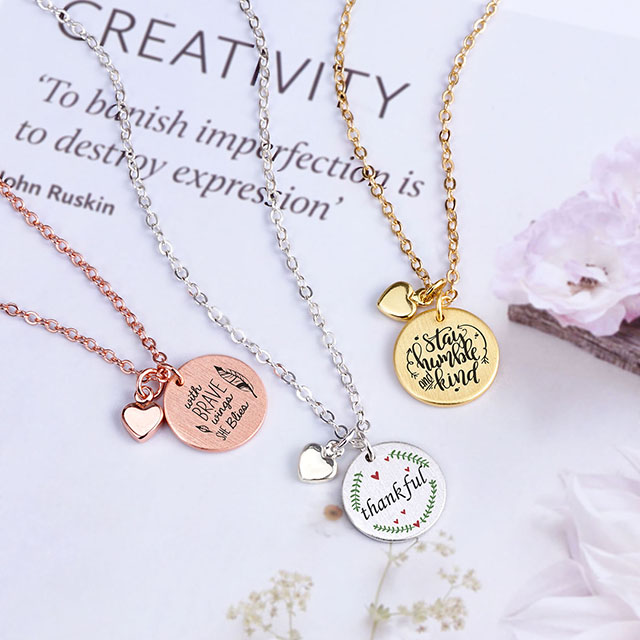 Personalized Quotes Necklaces Engraved Disc heart Pendant Necklace Encouragement Jewelry Gift 