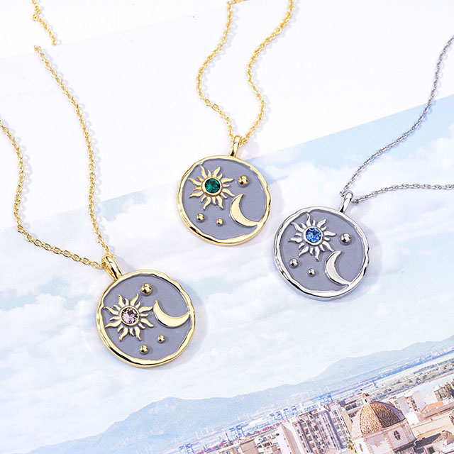 Sun and Moon Necklace with Birthstone for Women Gold Plated Dainty Coin Necklace Textured Sun Crescent Moon Medallion Pendant Coin Necklaces for Women Girls Birthday Jewelry Gift 