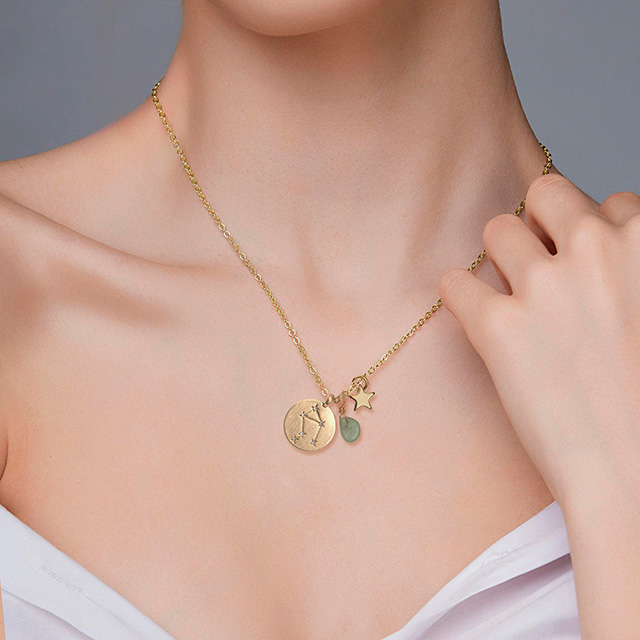 Zodiac Necklace for Women Gold Plated Dainty Constellation Star Necklace Pendant Charms Gold Round Disc Zodiac Sign Necklaces for Women Girls Astrology Necklace Jewelry Gift 