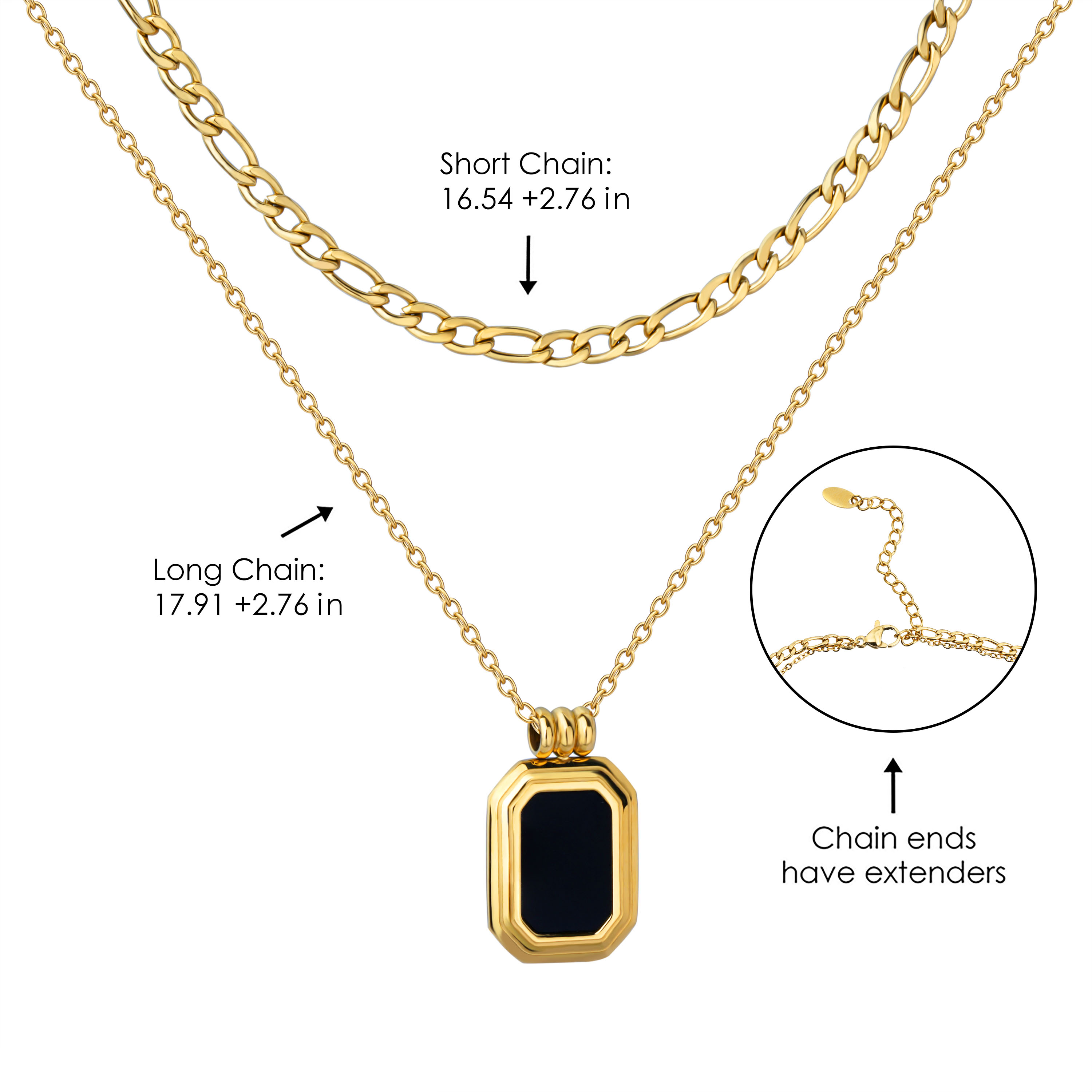 Stainless Steel 2 Layered Figaro Chain With Square Black Enamel Pendant Necklace 