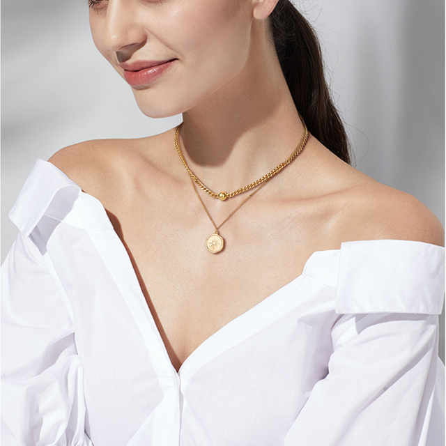 Double Layer Stainless Steel Star Celestial Coin Pendant Necklace