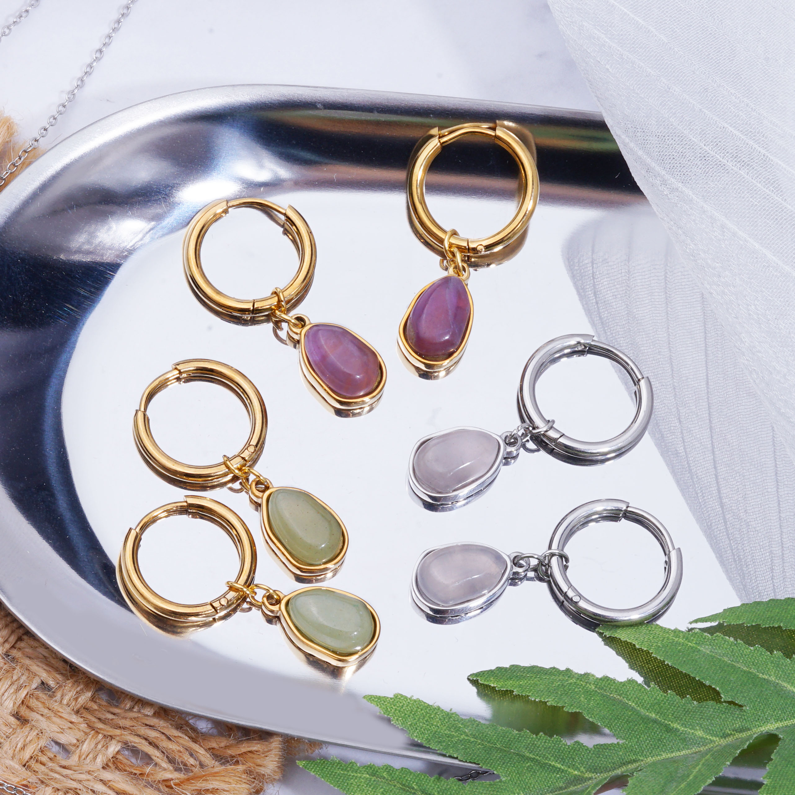 Custom Stainless Steel Natural Stone Oval Pendant Earring