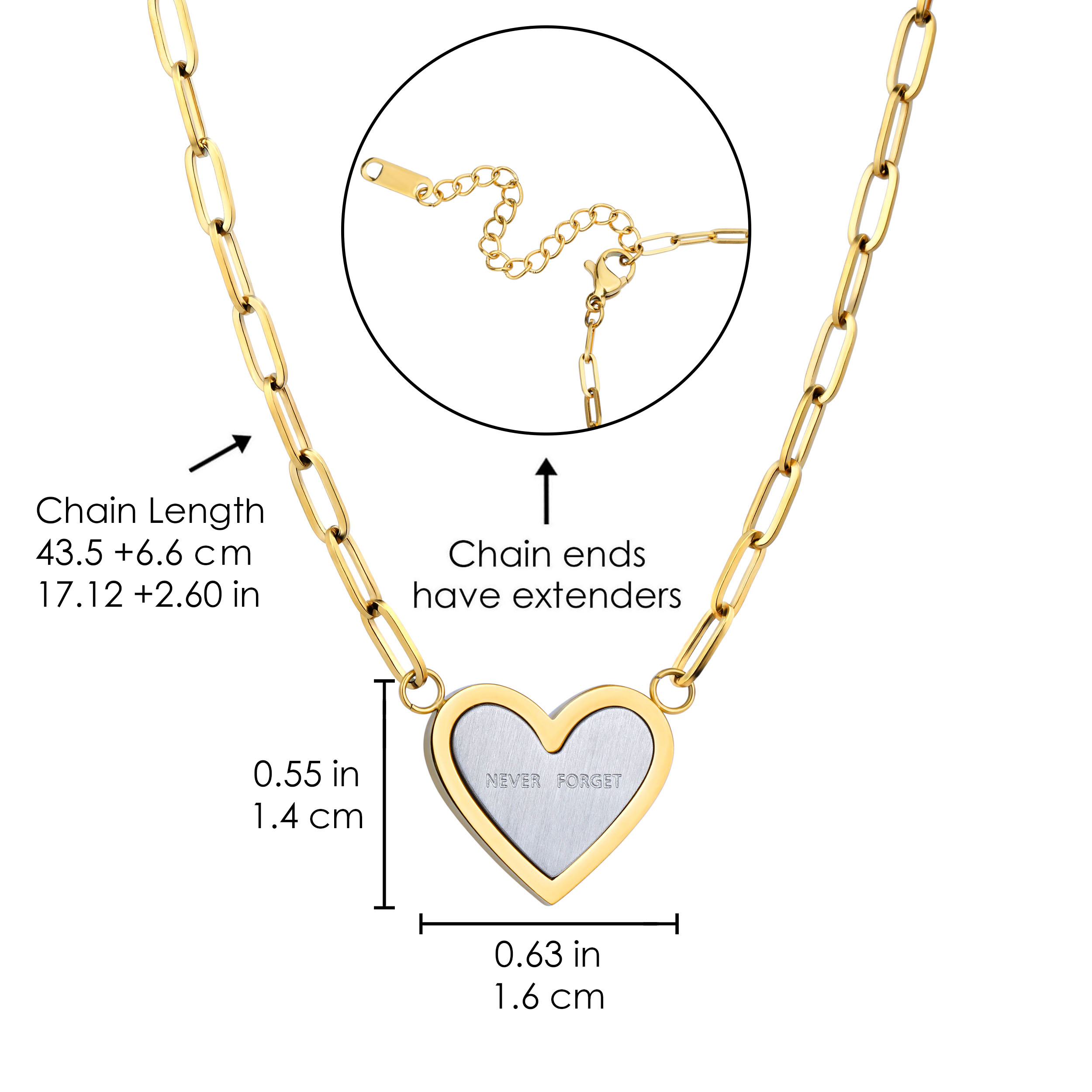 18k Gold Plated Women Jewelry Stainless Steel Paperclip Chain Heart Shape Pendant Necklace 