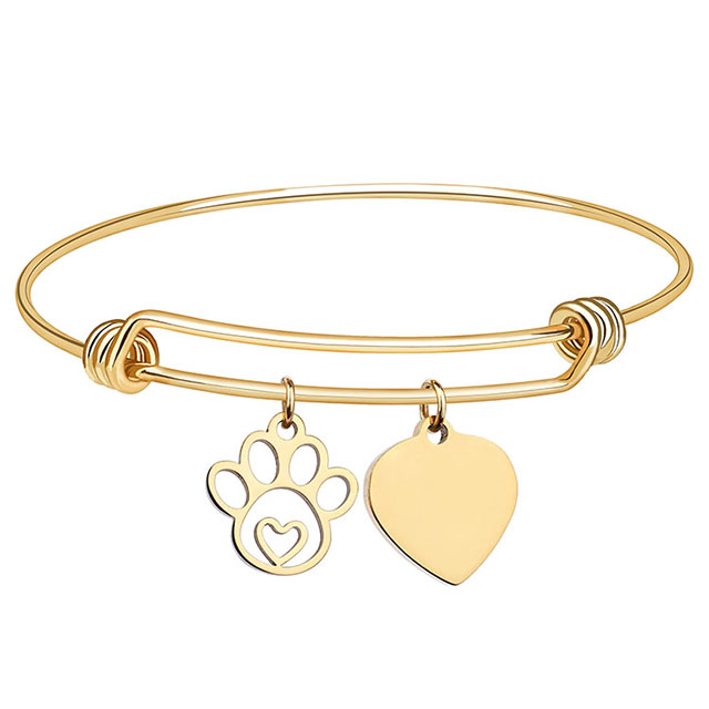 High Quality Stainless Steel Pet Cat Paw Expandable Bangle with Heart Charms 