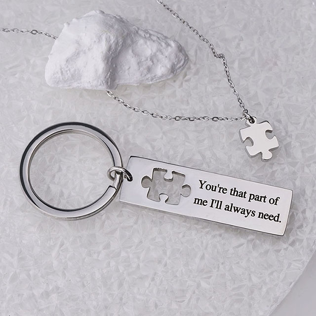 Custom Engraved Stainless Steel Jewelry Matching Puzzle Map Keychain Necklace